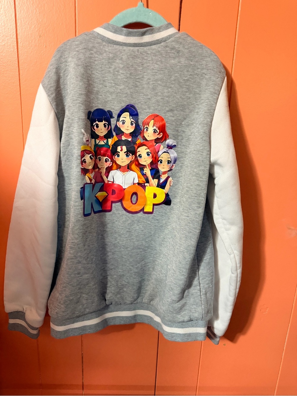 Kids K-POP Graphic Baseball Jacket - Gray & White